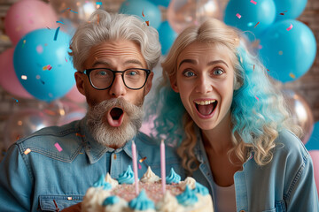 Young couple celebrating a birthday and having fun with birthday cake, balloons and confetti. People, joy, fun and happiness concept.