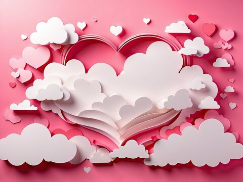 Valentines day background with paper heart and clouds. 3d rendering
