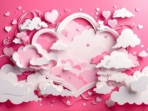 Valentine's day background with paper hearts and clouds. 3d illustration