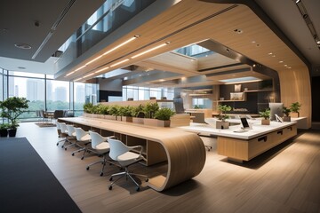 Wall Mural - Modern office interior with wooden elements and city view