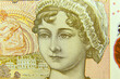 London, UK, 2 January 2024: Close up of the reverse of a £10 note from the United Kingdom featuring a portrait of the author Jane Austen with with selective focus 