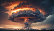 Nuclear detonation in stormy conditions, with shock wave and mushroom cloud releasing energy from uncontrolled fission.