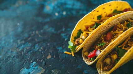 Poster - Colorful tacos with assorted fillings on blue surface