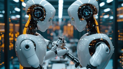 Poster - Two robots are holding hands in a futuristic setting, AI