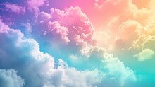 Fluffy Clouds Against A Sky With A Gradient Of Pastel Rainbow Colors. Abstract Beautiful Sky. Copy Space. Suitable For Backgrounds In Graphic Design, Inspirational Content, Or Marketing Materials.