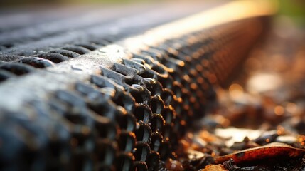 Macro shot of a mesh filter covering a gutter outlet, preventing debris.