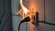 © Witri - fire and smoke on electric wire plug in indoor, . Ai Generative