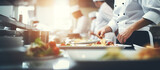 Fototapeta  - Professional Chefs Preparing Gourmet Salads in Commercial Kitchen