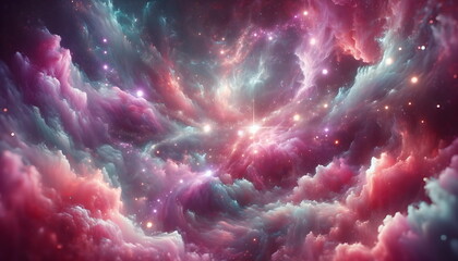 Wall Mural - A Symphony of Abstract Starlight and Pastel Nebulae. Abstract starlight weaves through pink and purple clouds of stardust. Space background