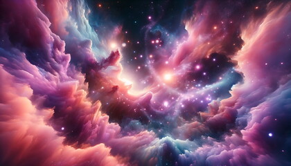 Wall Mural - A Symphony of Abstract Starlight and Pastel Nebulae. Abstract starlight weaves through pink and purple clouds of stardust. Space background