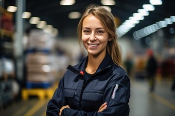 Wall Mural - Portrait of a young female worker in a warehouse
