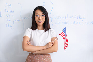 Wall Mural - Female English teacher with USA flag conducting grammar lesson in classroom