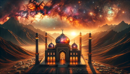 Wall Mural - The majesty of a mosque in a panoramic view with a galaxy-themed background. The mosque is adorned with warm tones of oranges, yellows, and gold.
