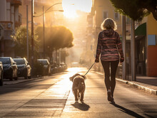 Back View Of A Woman Walking Her Dog On The Street, Golden Hour. 