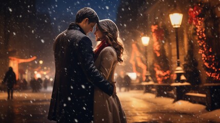 Wall Mural - Couple embracing - Christmas Xmas Winter Season - Snowing - Movie Poster Cinematic Style - retro style - Christmas decoration, winter city street. valentine love woman and man winter png like style