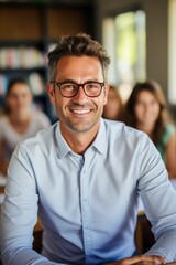 Sticker - Smiling middle-aged male teacher with female students in the background