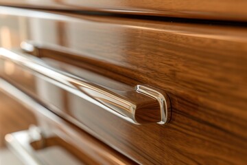 a detailed close-up of a bathroom cabinet with a polished wooden surface and a modern chrome handle, reflecting a luxurious and clean interior design.