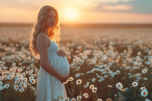 Close-up Of Pregnant Woman With Hands On Her Belly On Nature Background. Silhouette Of Pregnant Woman In White Dress In Sunlight Of Sunset. Concept Of Pregnancy, Maternity, Expectation For Baby Birth.