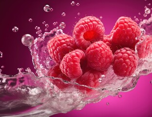 Wall Mural - A handful of raspberries with water splash