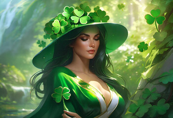 beautiful woman wearing hat covered in shamrock clovers