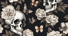 Skulls And Roses On A Black Background With A White Rose, 2d Sketch Black And White Floral Botanical Flowers Seamless Background Pattern With Skull Fabric Wallpaper Print Texture Of Death Skeleton.
