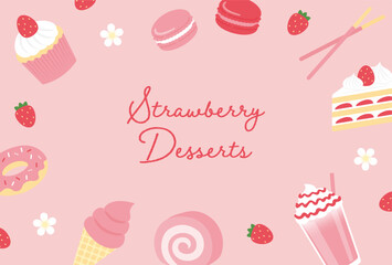 Wall Mural - vector background with a set of strawberry cakes and desserts for banners, cards, flyers, social media wallpapers, etc.