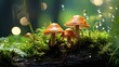 Raindrops on orange mushrooms in a green forest