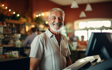 Wall Mural - Aged man working as a cashier in the store, smiling