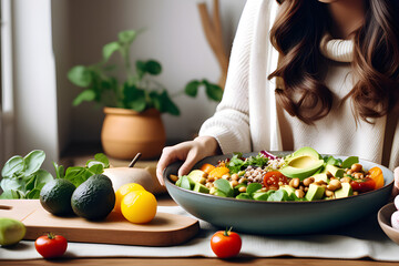 Healthy Vegetarian Taste: A scene in which a woman in jeans and a warm sweater holds a bowl full of fresh vegetables and grains generative ai

