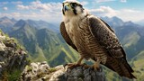 Fototapeta  - Majestic Peregrine Falcon Perched on Sunlit Rocky Outcrop - AI-Generative