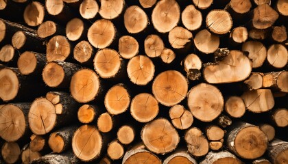 Lumber in the forest, stacked cut wooden logs, logging and harvesting for fuel and firewood