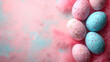a collection of pastel-colored Easter eggs adorned with polka dots, resting on a plush bed of pink feathers against an artistically textured pink background 