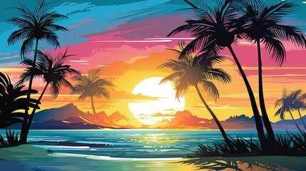 Wall Mural - vibrant graphic summer background illustration colorful tropical, beach palm, leaves water vibrant graphic summer background