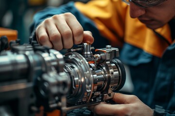 Poster - Profession industrial equipment operator or equipment adjuster concept. Background with selective focus and copy space