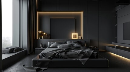 Wall Mural - : A minimalist Contemporary bedroom with a futuristic flair, featuring a black bed with built-in lighting, ultra-modern black furnishings, and a blank holographic frame on a sleek wall