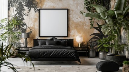 Wall Mural - : A minimalist Contemporary bedroom with a botanical theme, displaying a black bed, understated black furnishings, and a large blank frame against a wall adorned with subtle plant motifs