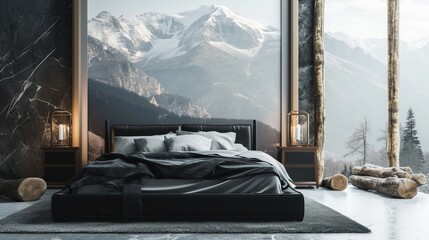Wall Mural - : In a minimalist mountain cabin bedroom, a monochrome black bed, a rustic black log nightstand, and a blank mockup frame on a wall with a breathtaking mountain landscape mural