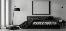 : A Minimalist Bedroom With A Monochrome Black Bed, A Simple Black Floor Lamp, And A Blank Mockup Frame On A Smooth, Uncluttered Wall