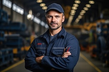 Portrait of a male factory worker in his 40s wearing a blue uniform and cap