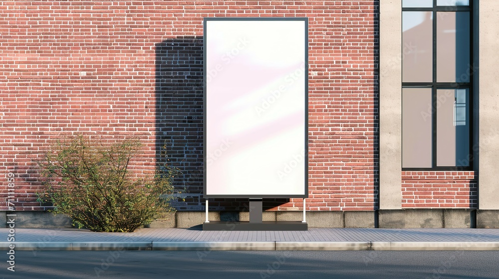 Side view of a white pylon stand with a brick building, an empty ...