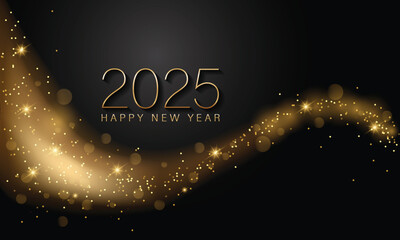 Wall Mural - 2025 Happy New Year Background Design. Golden 2024 Happy New Year Lettering on Black Background. Vector Illustration.