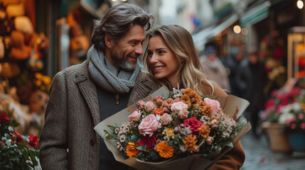 A happy young couple with a large bouquet of red roses