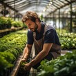 Male horticulturist examining herbs in greenhouse