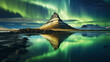 Hvitserkur northern lights green reflection in Iceland Northern lights with aurora borealis green