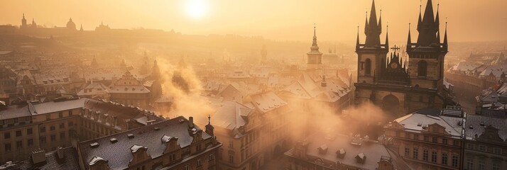 Poster - Beautiful historical buildings in winter with snow and fog in Prague city in Czech Republic in Europe.