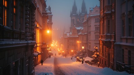 Naklejka na meble Street view with beautiful historical buildings in winter with snow and fog in Prague city in Czech Republic in Europe.
