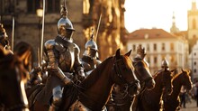 A Team Of Medieval Cavalry In Armor On Horseback Marching In Prague City In Czech Republic In Europe.