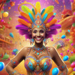 Carnival. Beautiful woman dancing and having fun at a typical carnival party in Brazil. Very colorful background with participants, streamers and balloons. Image created by AI.