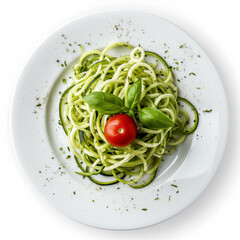 Poster - A plate of zucchini noodles with a cherry tomato top view isolated on a white background 