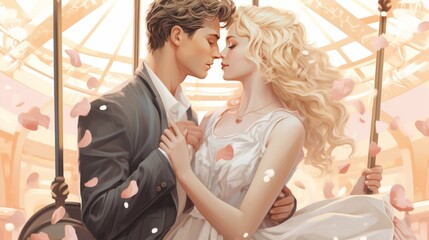 Wall Mural - Digital of a couple of two beautiful white blonde Caucasian lovers kissing, having fun on a carousel on Valentine's Day, lovely romantic memories, enjoying life, made with.
